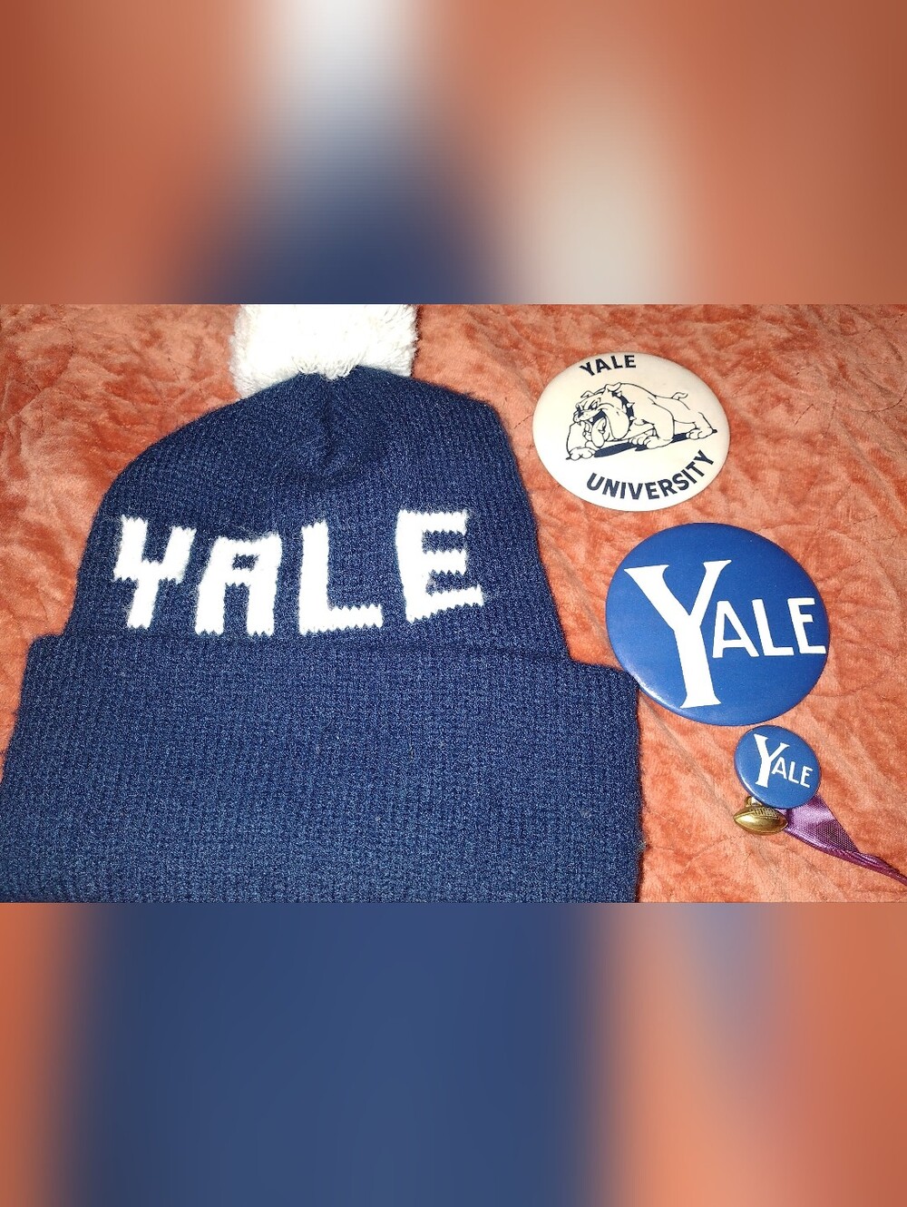 Yale Navy Pom Beanie with White Lettering And Vintage Novelty Button Pins